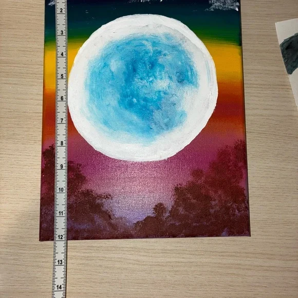 Rainbow Night Full Moon Hand Painted Wall Art 9x12 Canvas - Picture 3 of 3